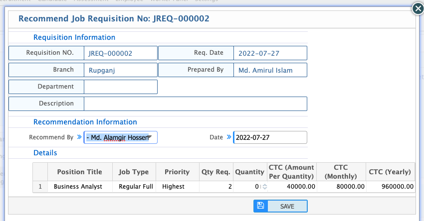 Recommended Job Requisition